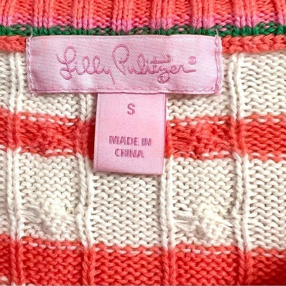 LILLY PULITZER Y2K Cable Knit Crew Neck Coral Striped Cotton Sweater Size S - Picture 9 of 10